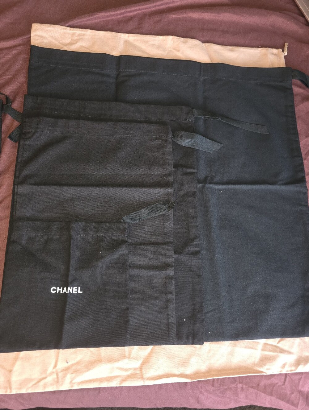 CHANEL Black Drawstring Dust Bag Trio with White Logo
